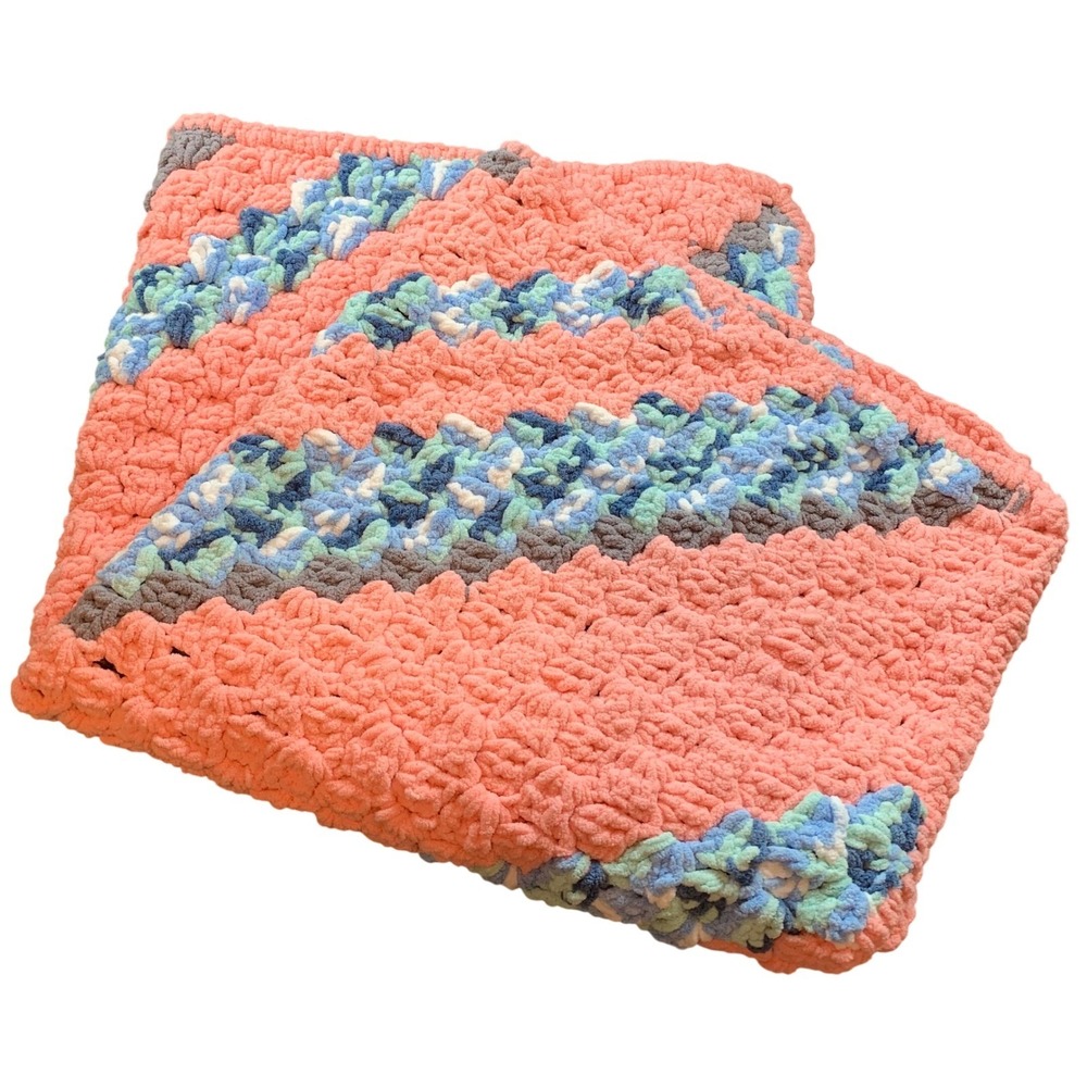 Handmade Crochet Baby Blanket Chunky Chenille Coral Pink Blue Grey Stripes 40x37